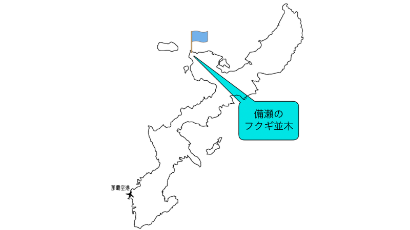 沖縄本島とフクギ並木の位置を示した写真